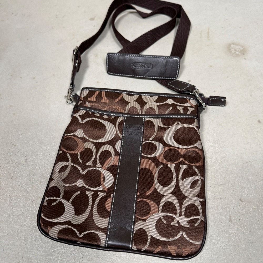 Coach Brown Monogram Jacquard Leather Trim Crossbody Messenger Bag 2910